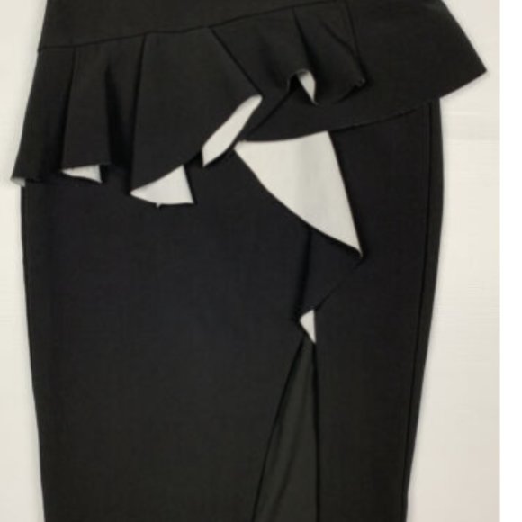 Black Ruffle Pencil Knee Length Skirt with Split